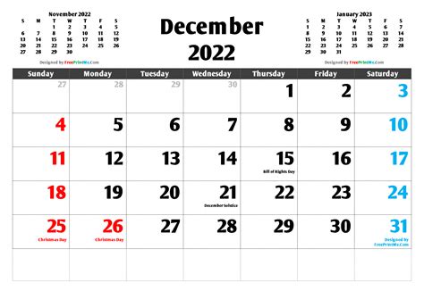 December 2022 Calendar Print